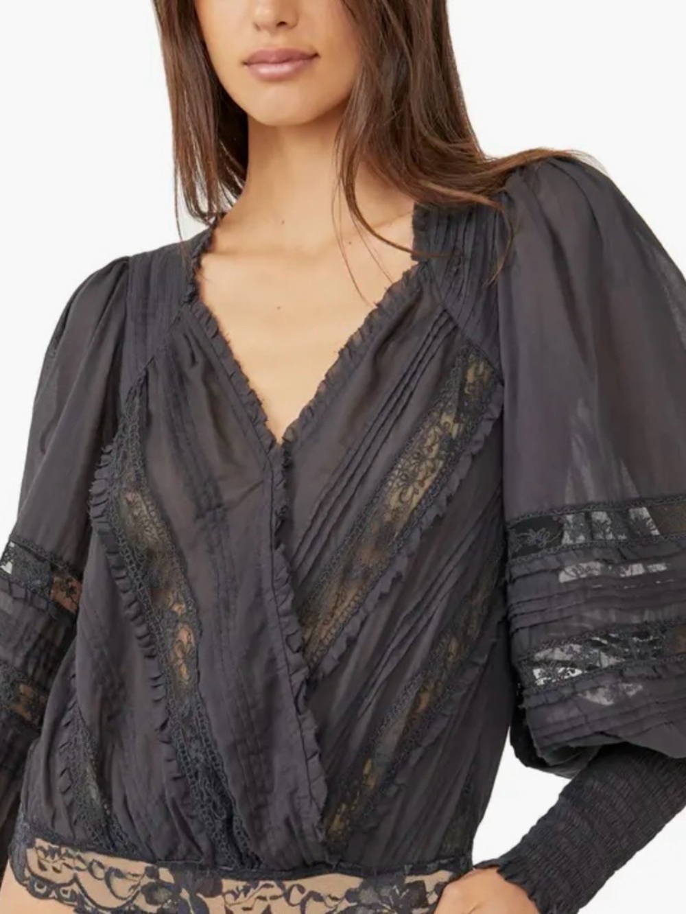 Free People Black Lace Trim Peasant, Lace  Bodysuit The Eloise size XS Black NWT